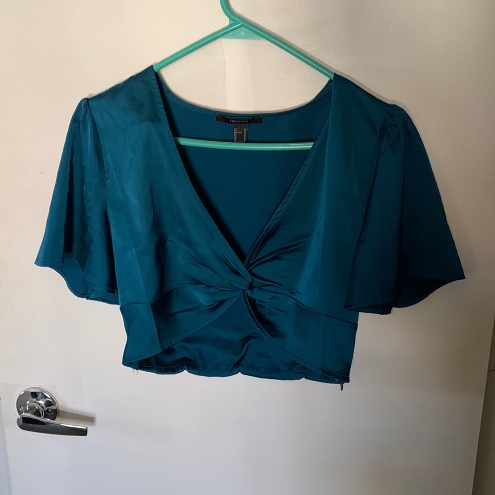Teal Silk Twist Front Crop Top